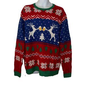 Jolly Sweaters Funny Ugly Christmas Sweater Mens XL Reindeer Roasting Beer Mugs
